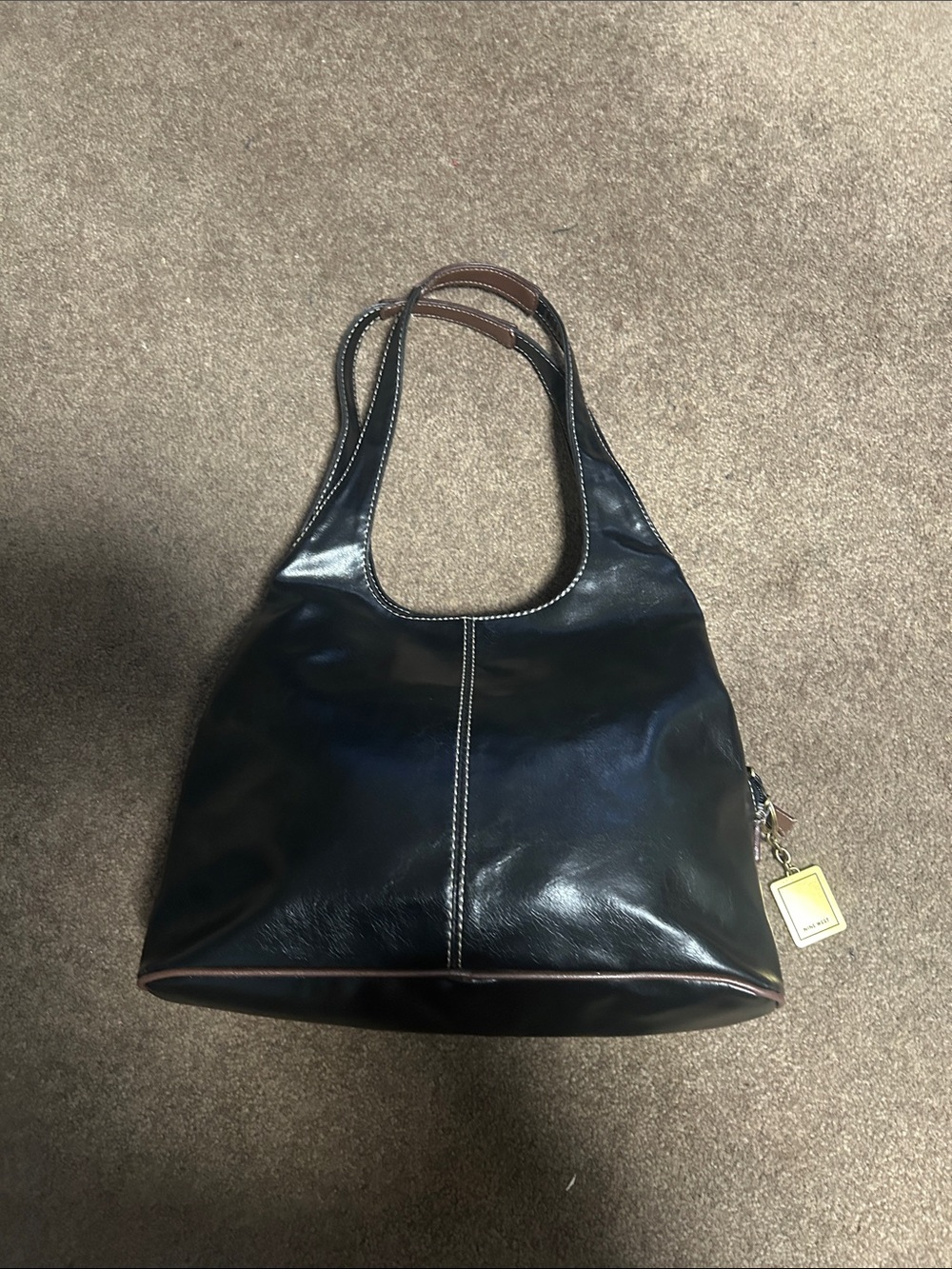 Nine West Black Leather Shoulder Bag with White Contrast Stitching
